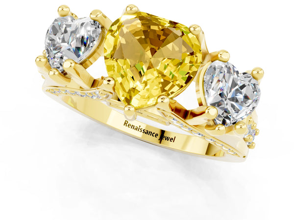 Yellow gold Heart Cut Yellow Sapphire Three-Stone Ring with Channel Set Band and Four-Prong Setting