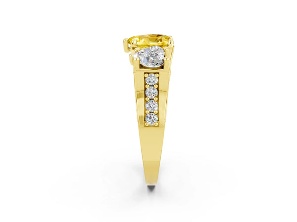 Yellow gold Heart Cut Yellow Sapphire Three-Stone Ring with Channel Set Band and Four-Prong Setting