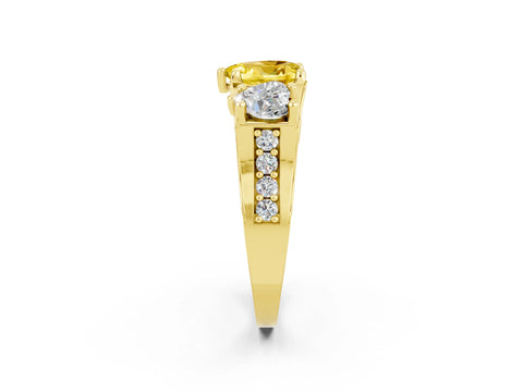 Yellow gold Heart Cut Yellow Sapphire Three-Stone Ring with Channel Set Band and Four-Prong Setting_2