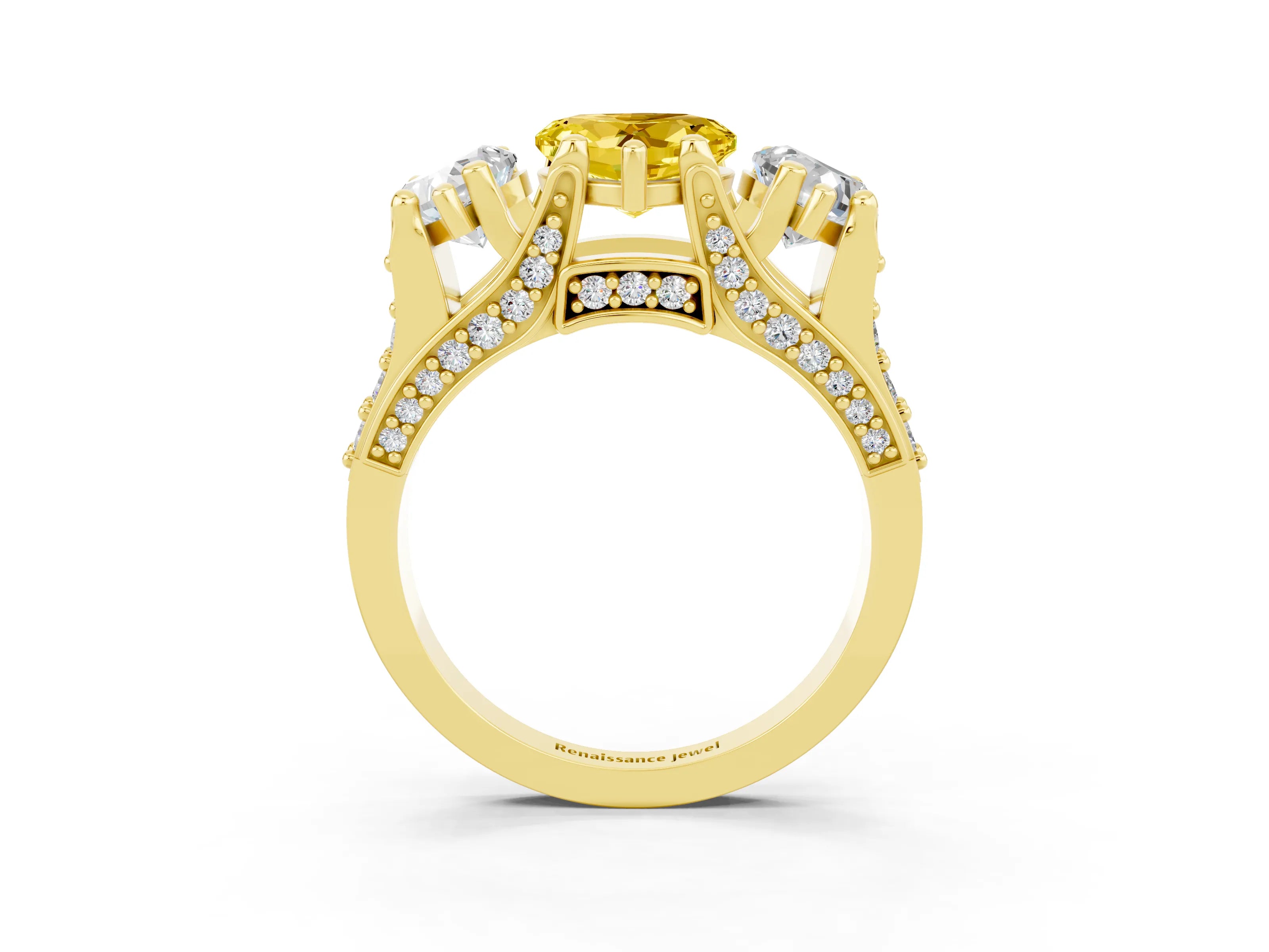 Yellow gold Heart Cut Yellow Sapphire Three-Stone Ring with Channel Set Band and Four-Prong Setting_3