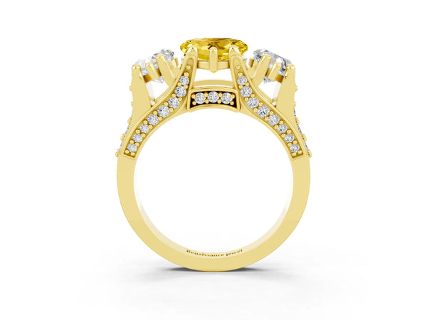 Yellow gold Heart Cut Yellow Sapphire Three-Stone Ring with Channel Set Band and Four-Prong Setting