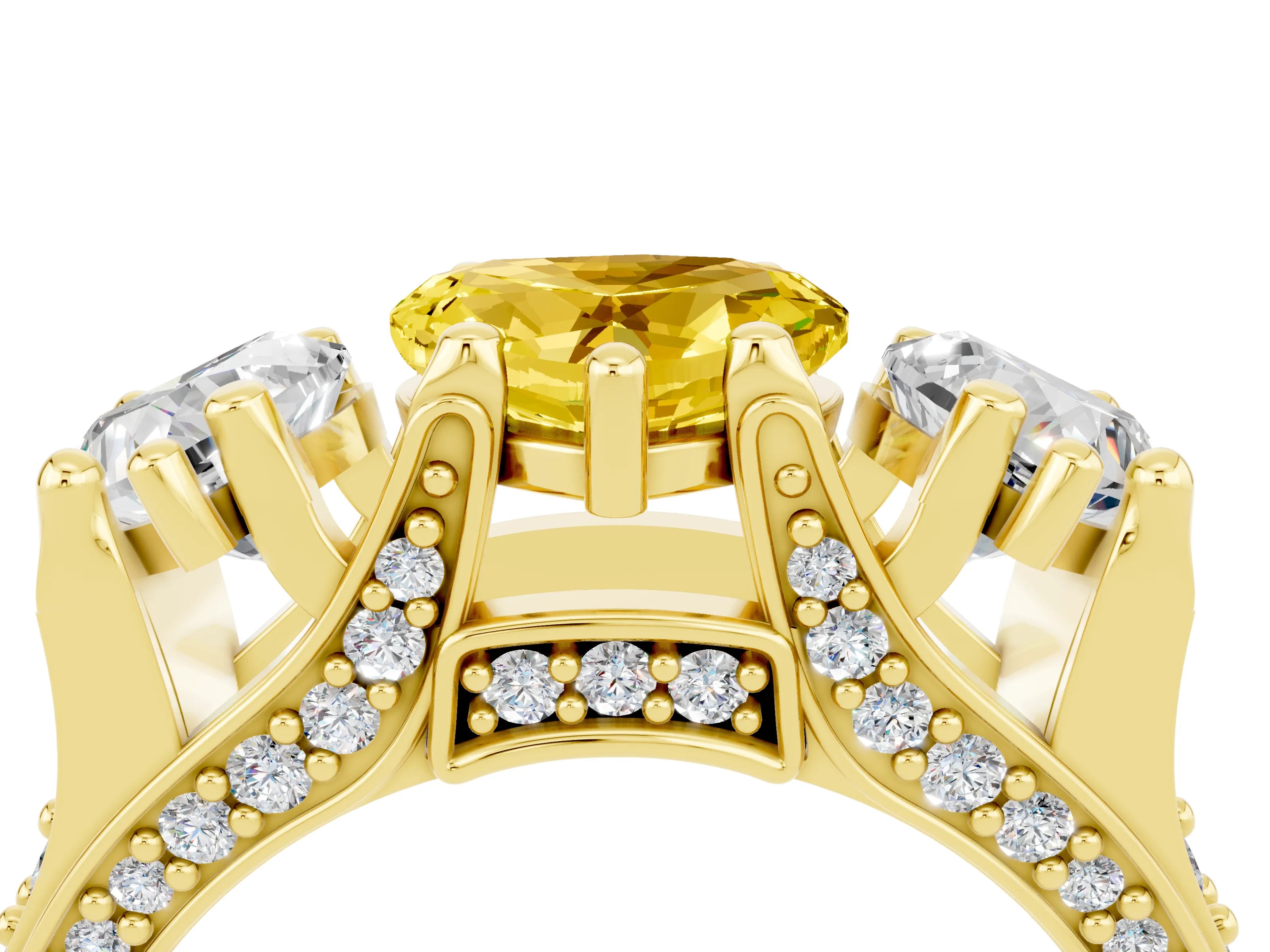Yellow gold Heart Cut Yellow Sapphire Three-Stone Ring with Channel Set Band and Four-Prong Setting_4