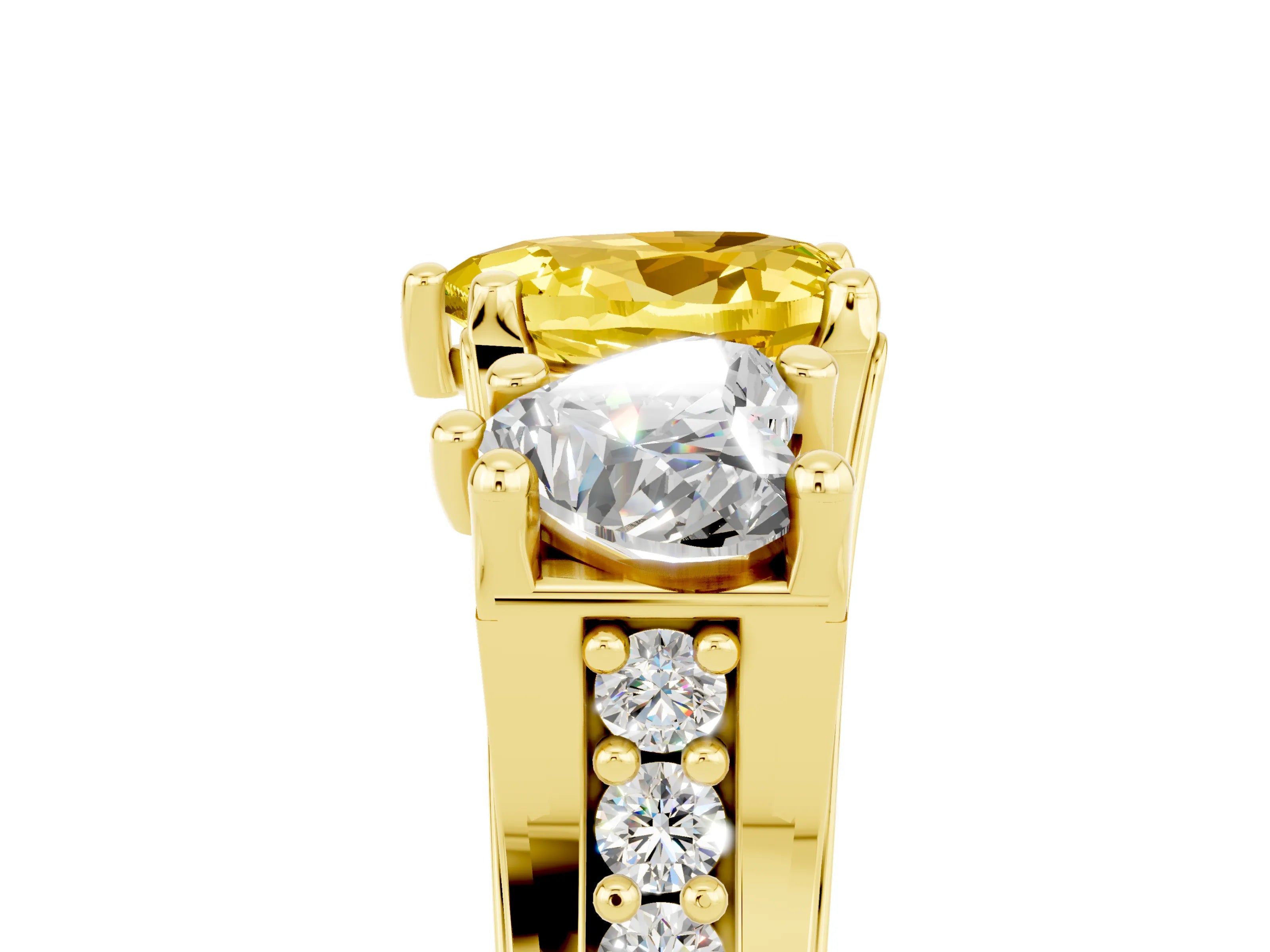 Yellow gold Heart Cut Yellow Sapphire Three-Stone Ring with Channel Set Band and Four-Prong Setting_5