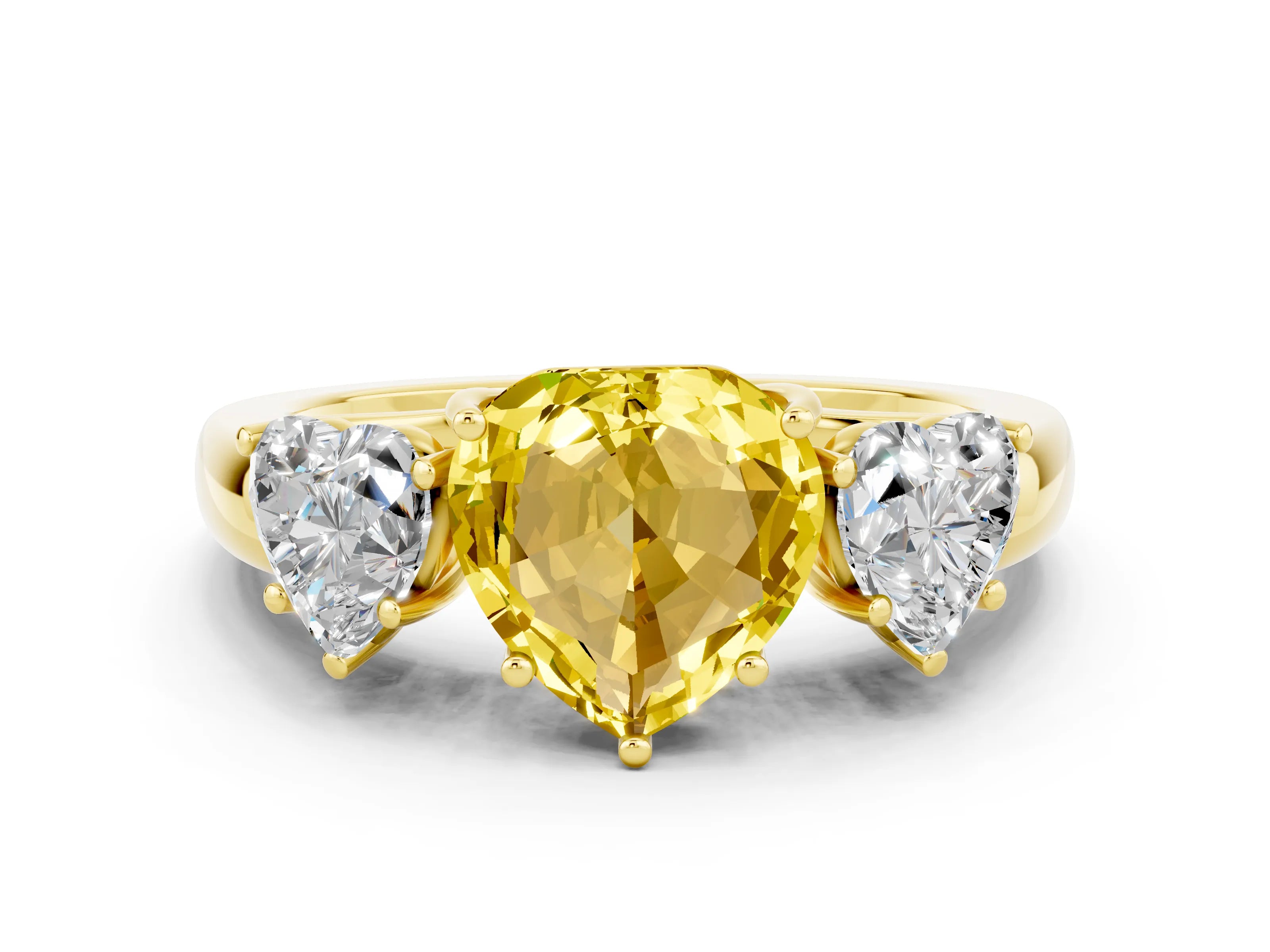 Yellow gold Heart Cut Yellow Sapphire Three-Stone Ring with Four-Prong Setting and Classic Band