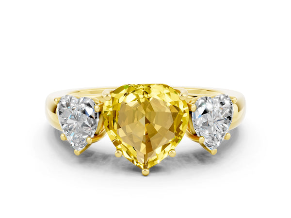 Yellow gold Heart Cut Yellow Sapphire Three-Stone Ring with Four-Prong Setting and Classic Band
