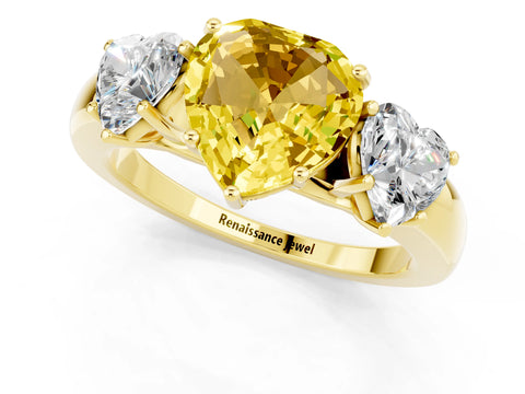 Yellow gold Heart Cut Yellow Sapphire Three-Stone Ring with Four-Prong Setting and Classic Band_1