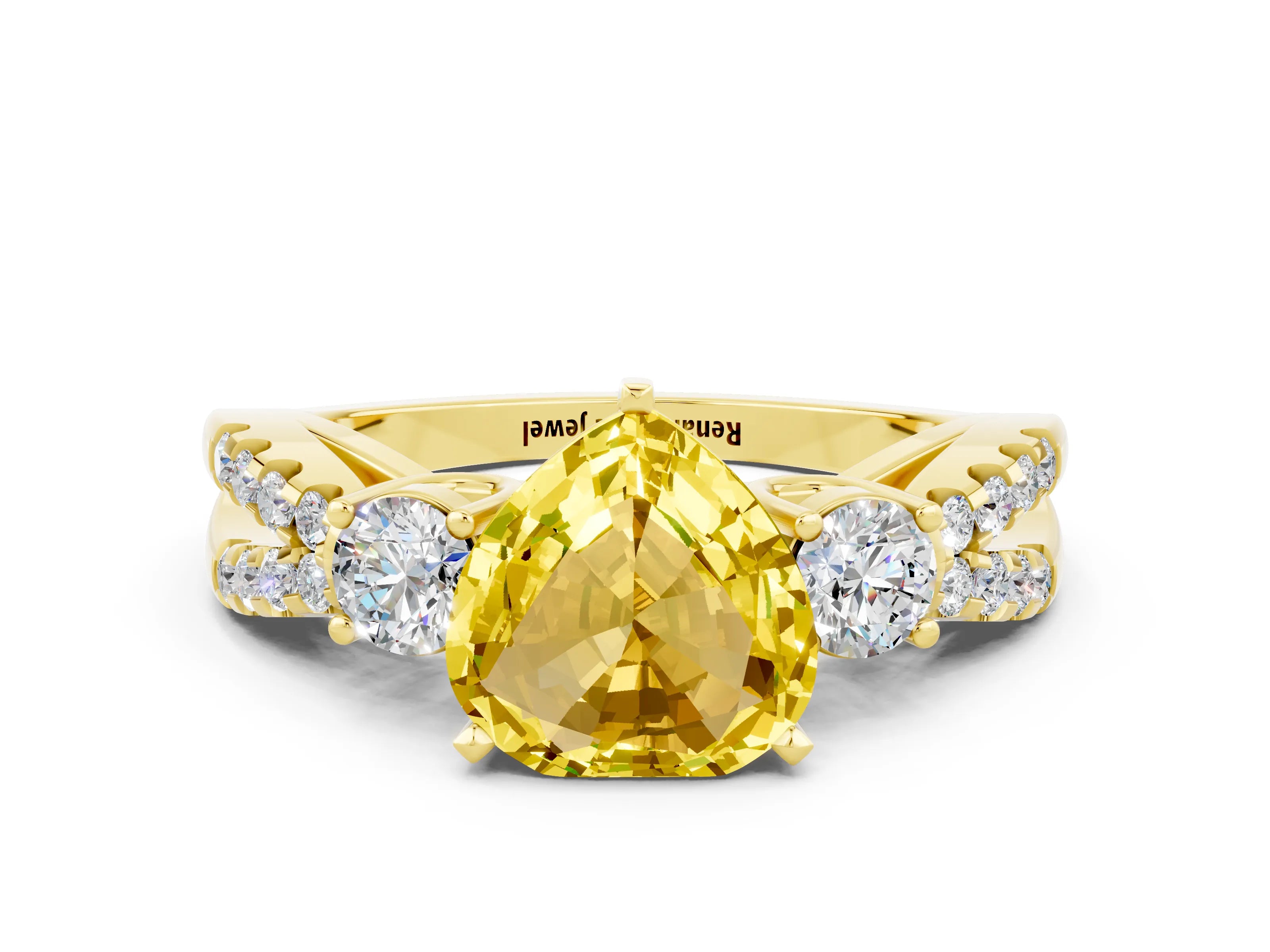 Yellow gold Heart Cut Yellow Sapphire Three-Stone Ring with Pavé Split Shank and Four-Prong Setting_24