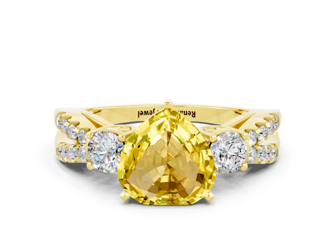 Yellow gold Heart Cut Yellow Sapphire Three-Stone Ring with Pavé Split Shank and Four-Prong Setting_24