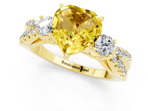 Yellow gold Heart Cut Yellow Sapphire Three-Stone Ring with Pavé Split Shank and Four-Prong Setting_25