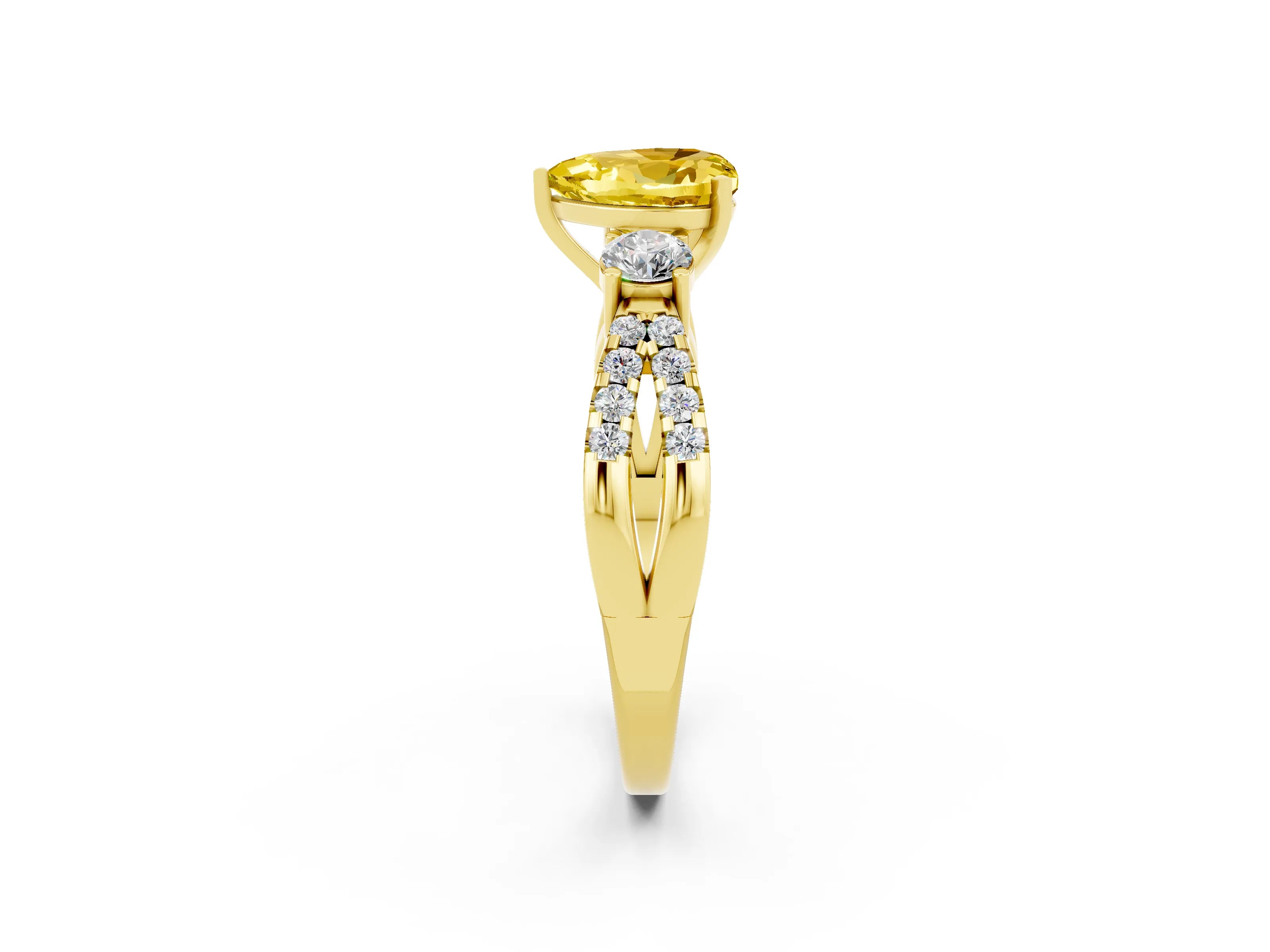 Yellow gold Heart Cut Yellow Sapphire Three-Stone Ring with Pavé Split Shank and Four-Prong Setting_26