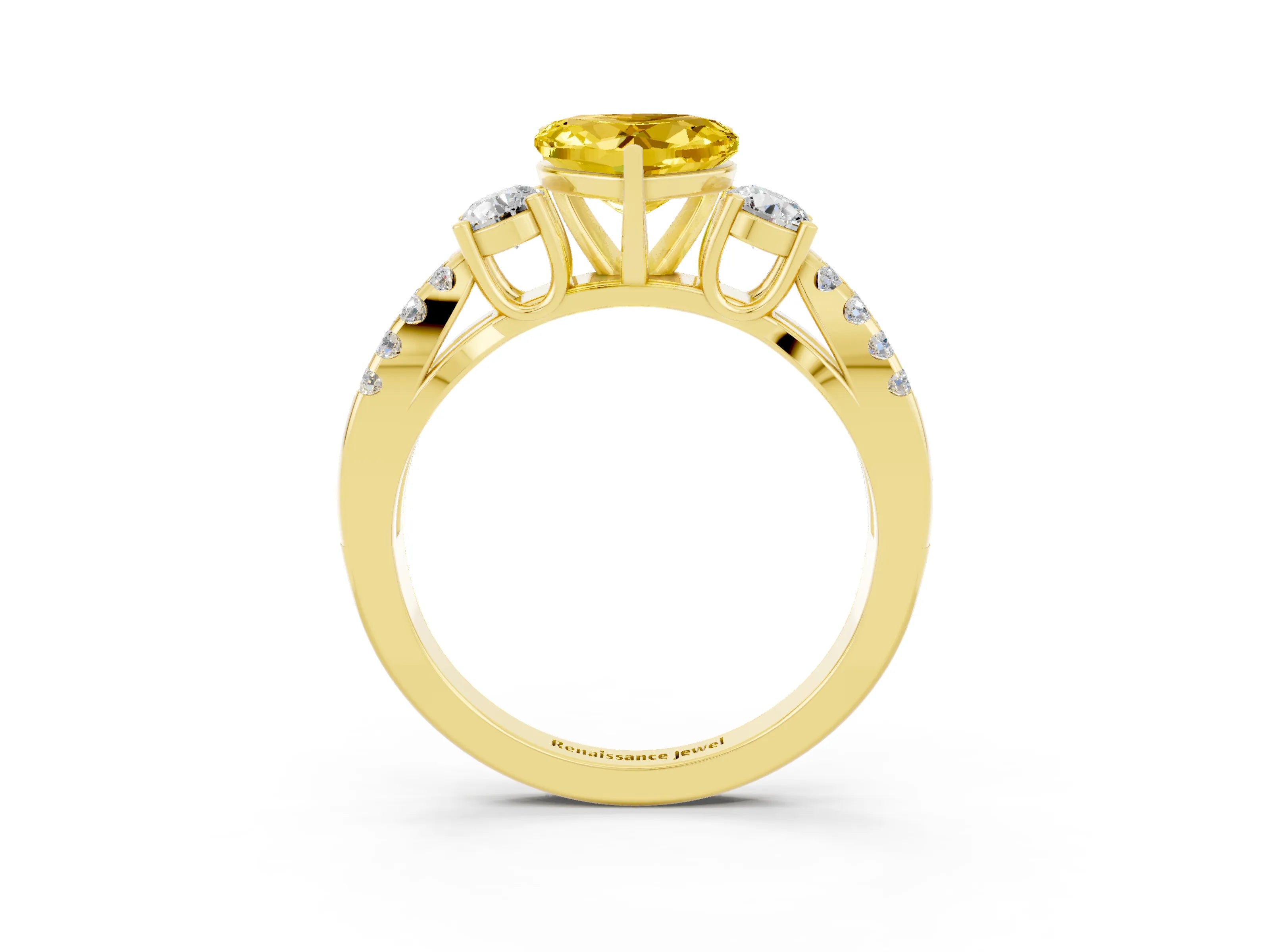 Yellow gold Heart Cut Yellow Sapphire Three-Stone Ring with Pavé Split Shank and Four-Prong Setting_27