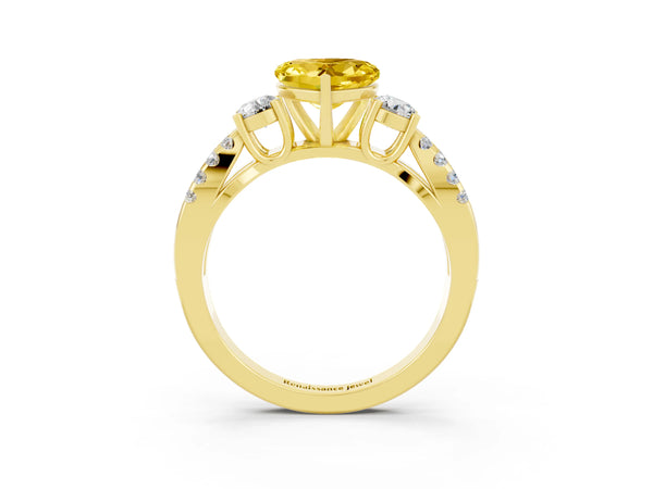 Yellow gold Heart Cut Yellow Sapphire Three-Stone Ring with Pavé Split Shank and Four-Prong Setting