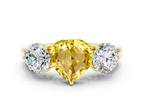 Yellow gold Heart Cut Yellow Sapphire Three-Stone Ring with Prong Setting and Classic Band