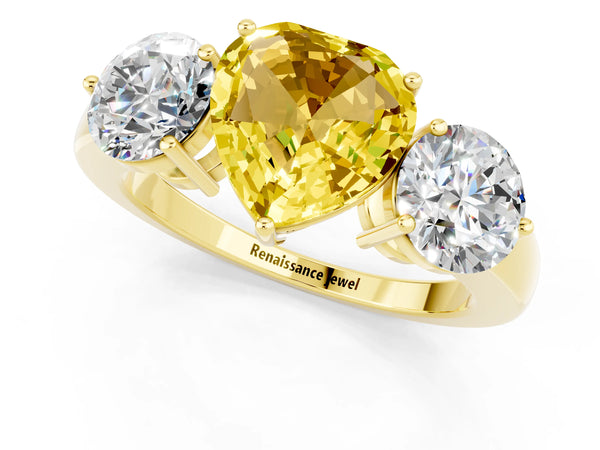 Yellow gold Heart Cut Yellow Sapphire Three-Stone Ring with Prong Setting and Classic Band