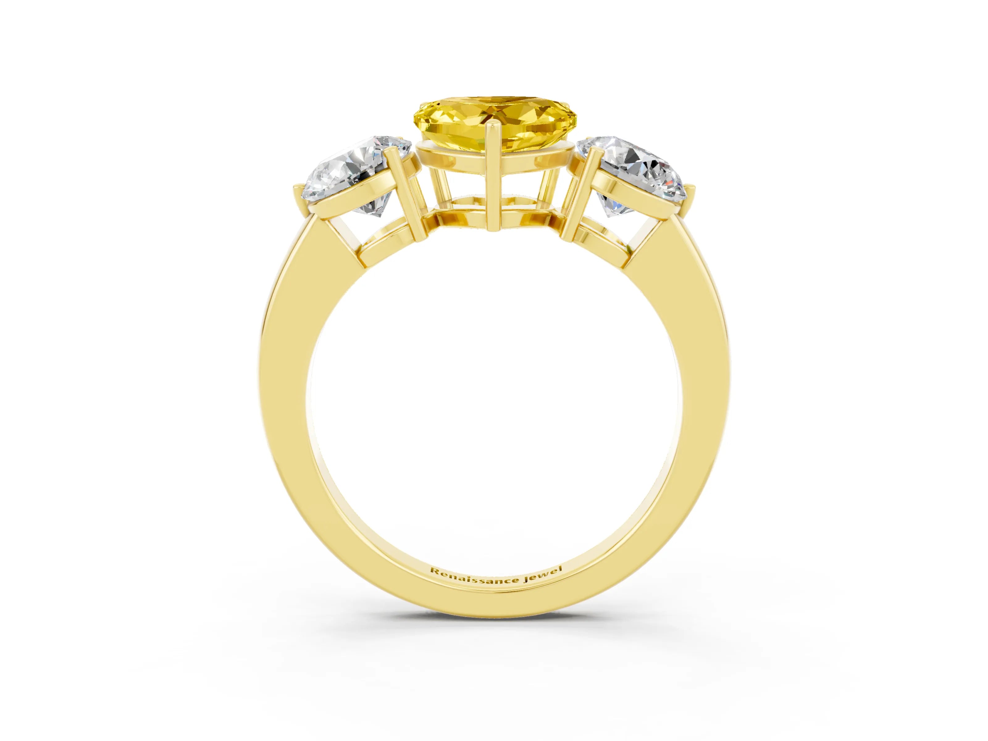 Yellow gold Heart Cut Yellow Sapphire Three-Stone Ring with Prong Setting and Classic Band_3