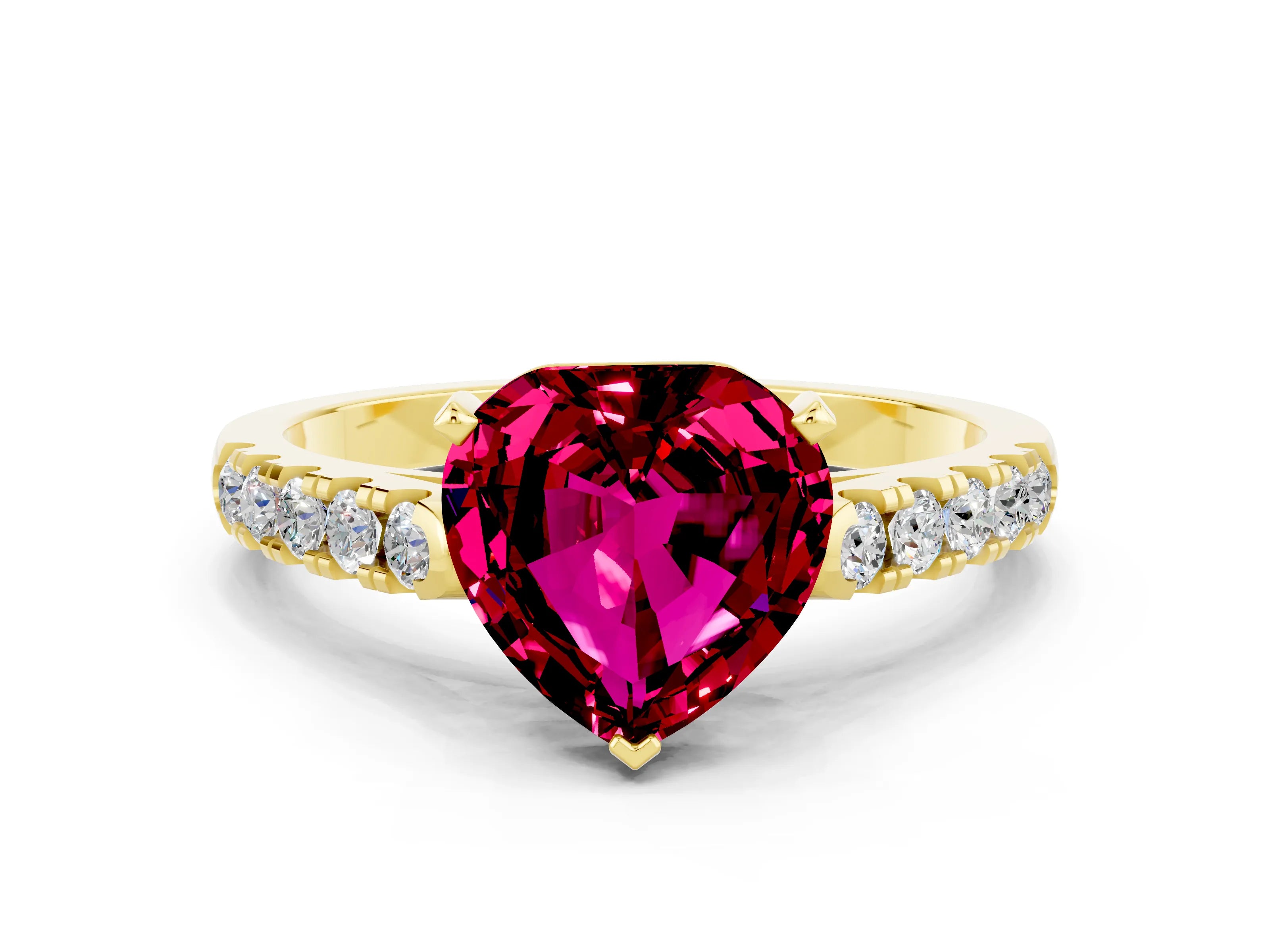 Yellow gold Heart Cut {stone} Solitaire Ring with Pavé Band and Four Prong Setting