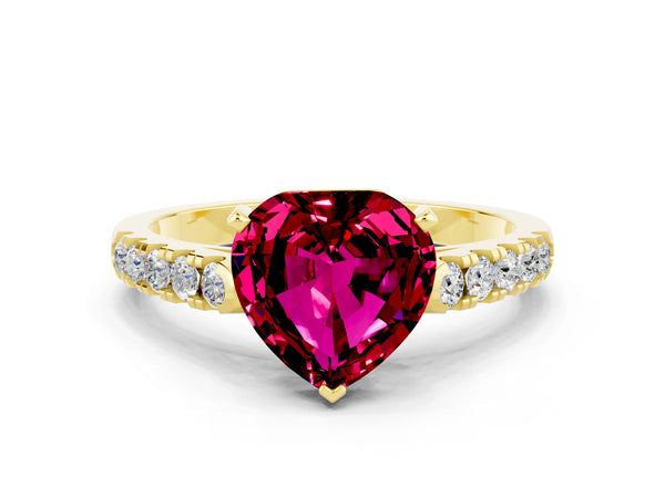 Yellow gold Heart Cut Garnet Pavé Band Solitaire Ring with Prong Setting