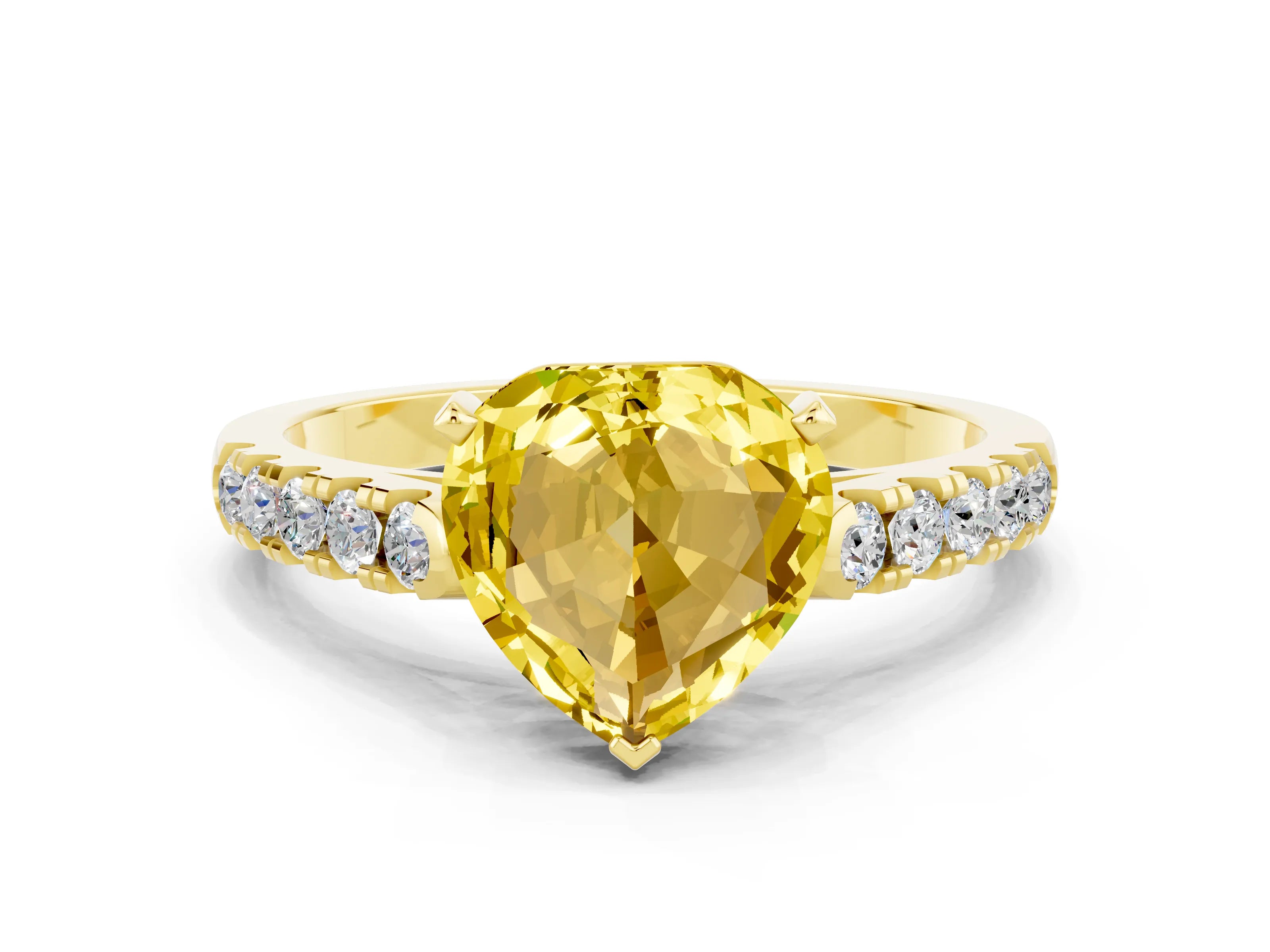 Yellow gold Heart Cut {stone} Solitaire Ring with Pavé Band and Four Prong Setting