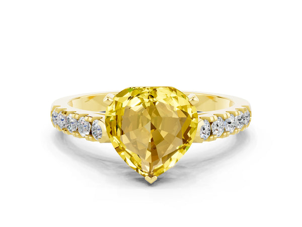 Yellow gold Heart Cut Yellow Sapphire Pavé Band Solitaire Ring with Prong Setting