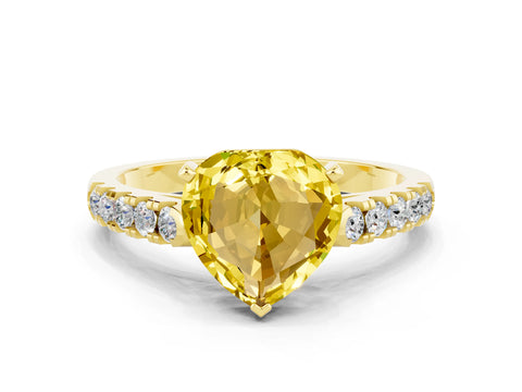 Yellow gold Heart Cut {stone} Solitaire Ring with Pavé Band and Four Prong Setting