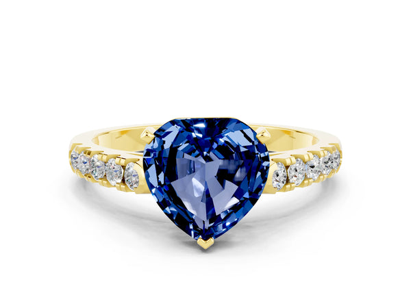 Yellow gold Heart Cut Blue Sapphire Pavé Band Solitaire Ring with Prong Setting