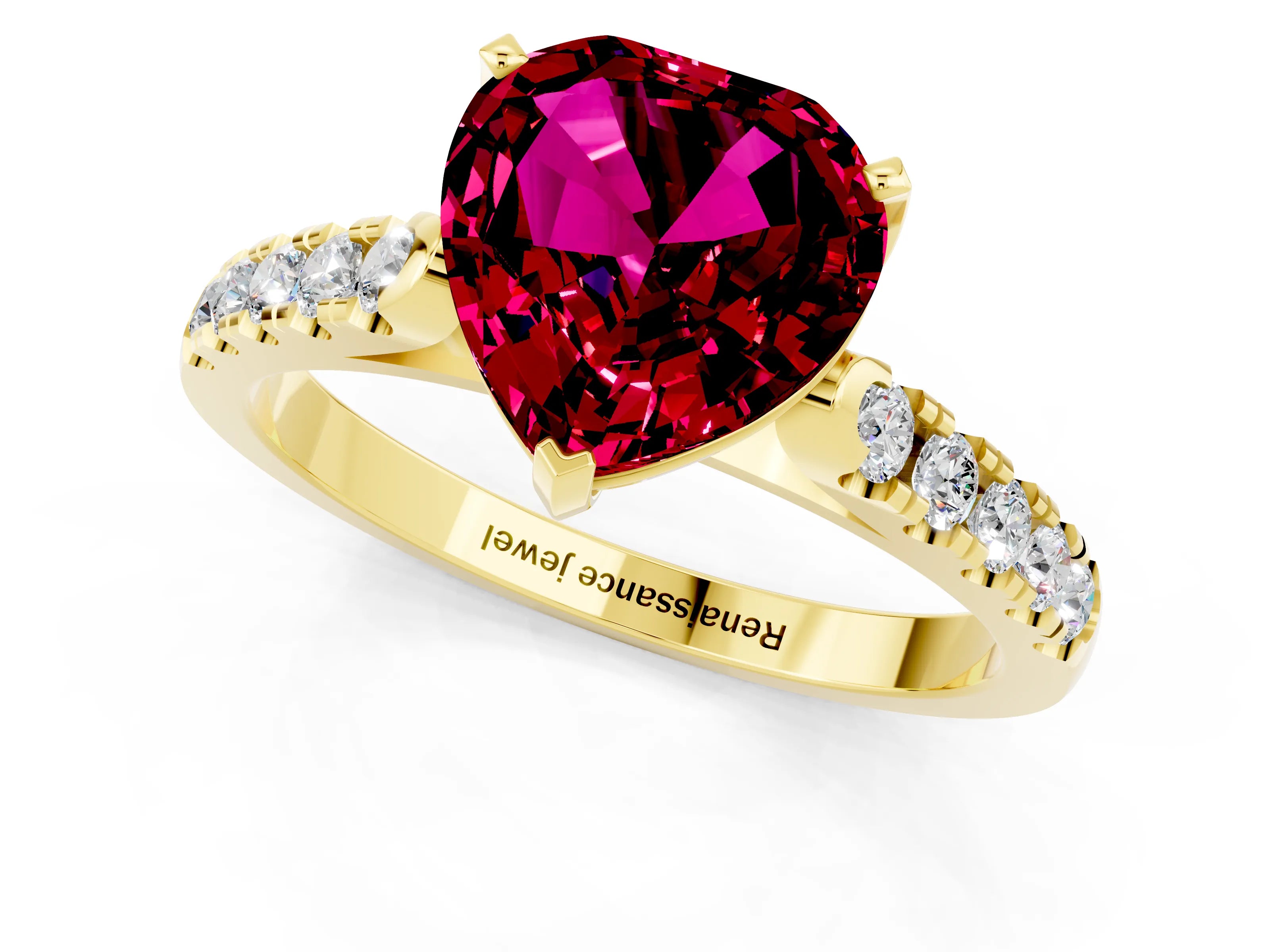 Yellow gold Heart Cut {stone} Solitaire Ring with Pavé Band and Four Prong Setting_1