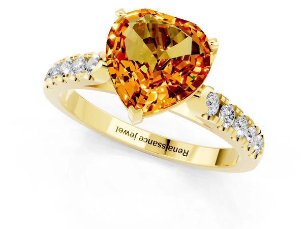 Yellow gold Heart Cut Citrine Pavé Band Solitaire Ring with Prong Setting