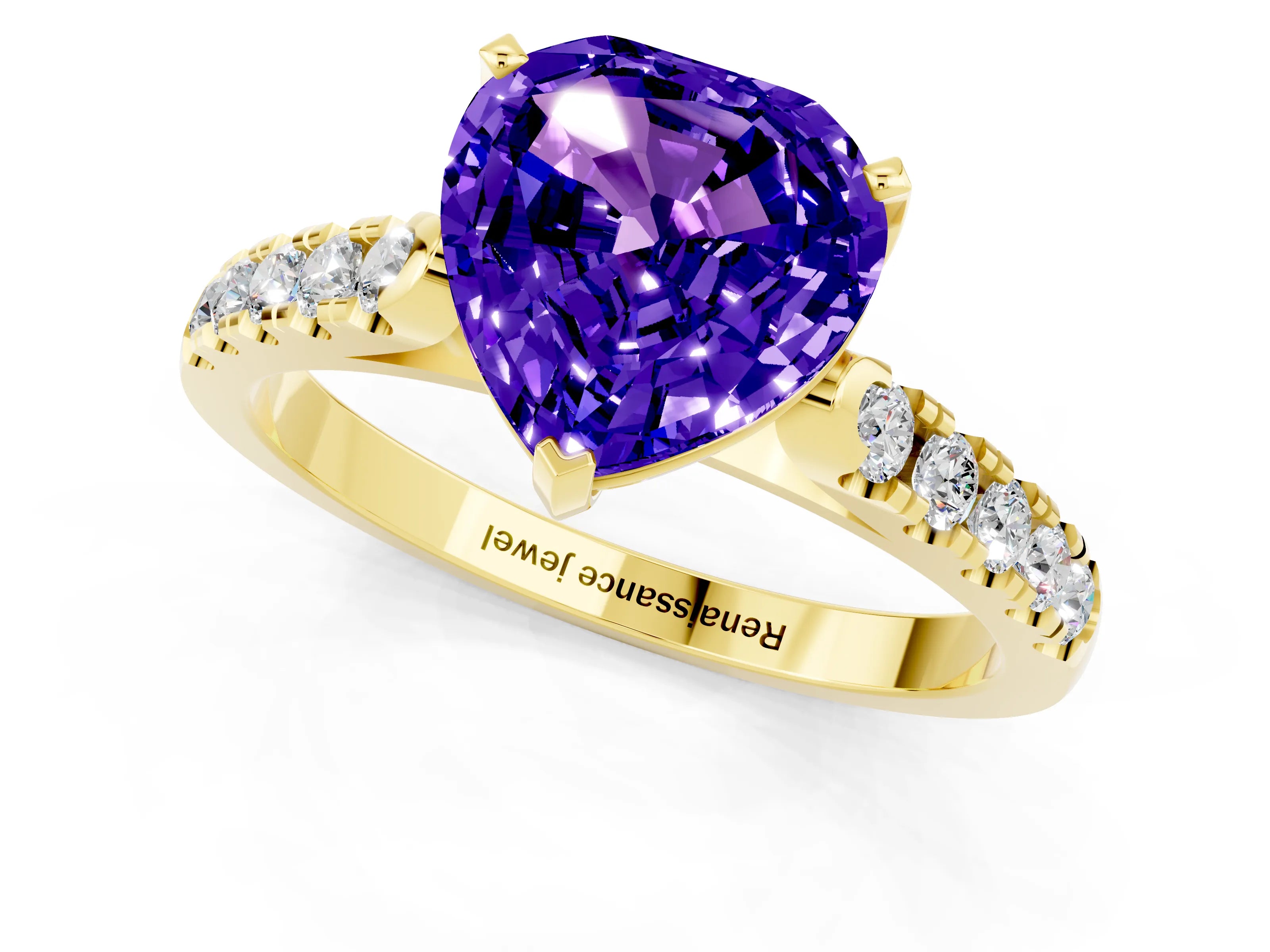 Yellow gold Heart Cut {stone} Solitaire Ring with Pavé Band and Four Prong Setting_1