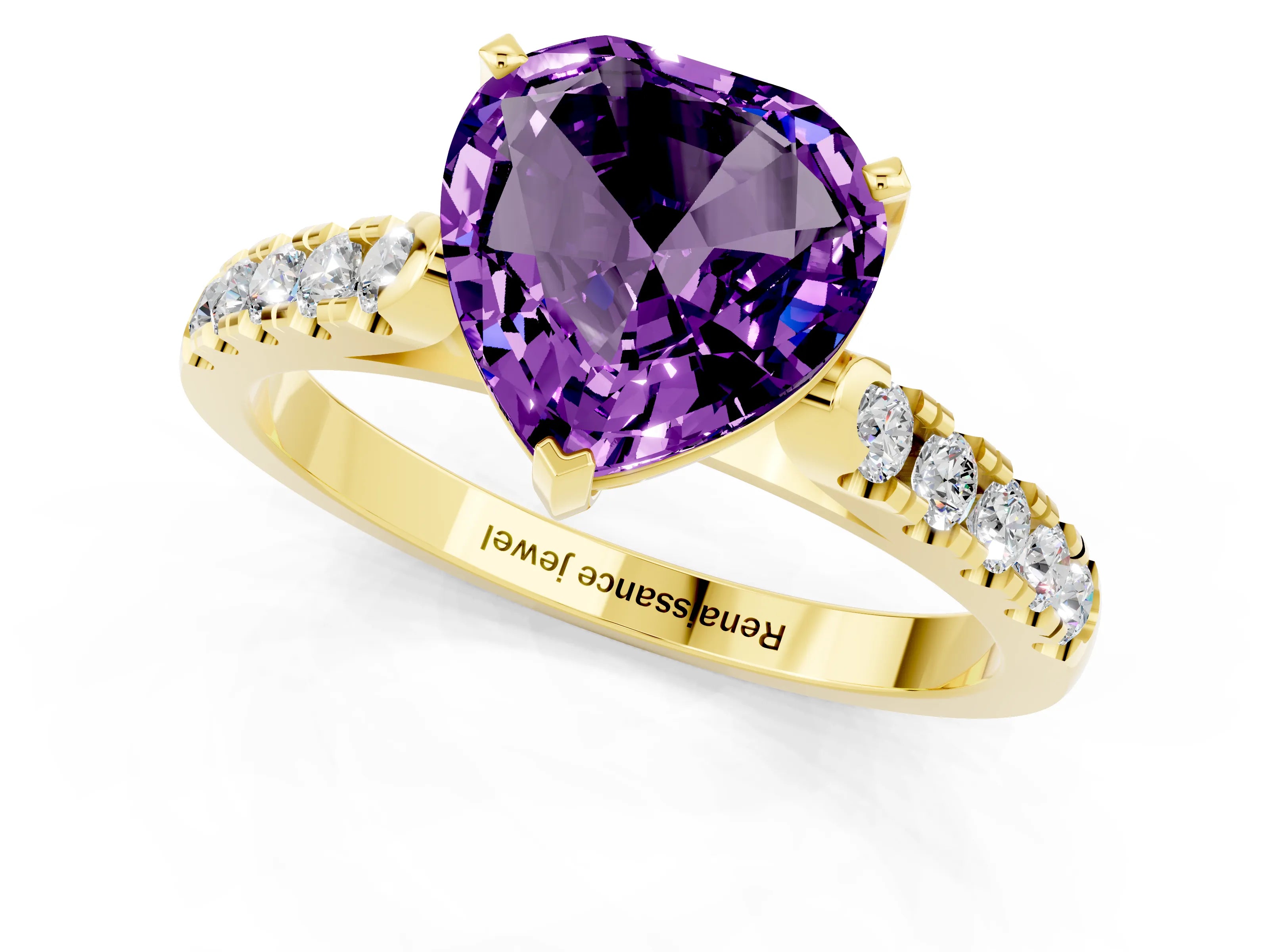 Yellow gold Heart Cut {stone} Solitaire Ring with Pavé Band and Four Prong Setting_1