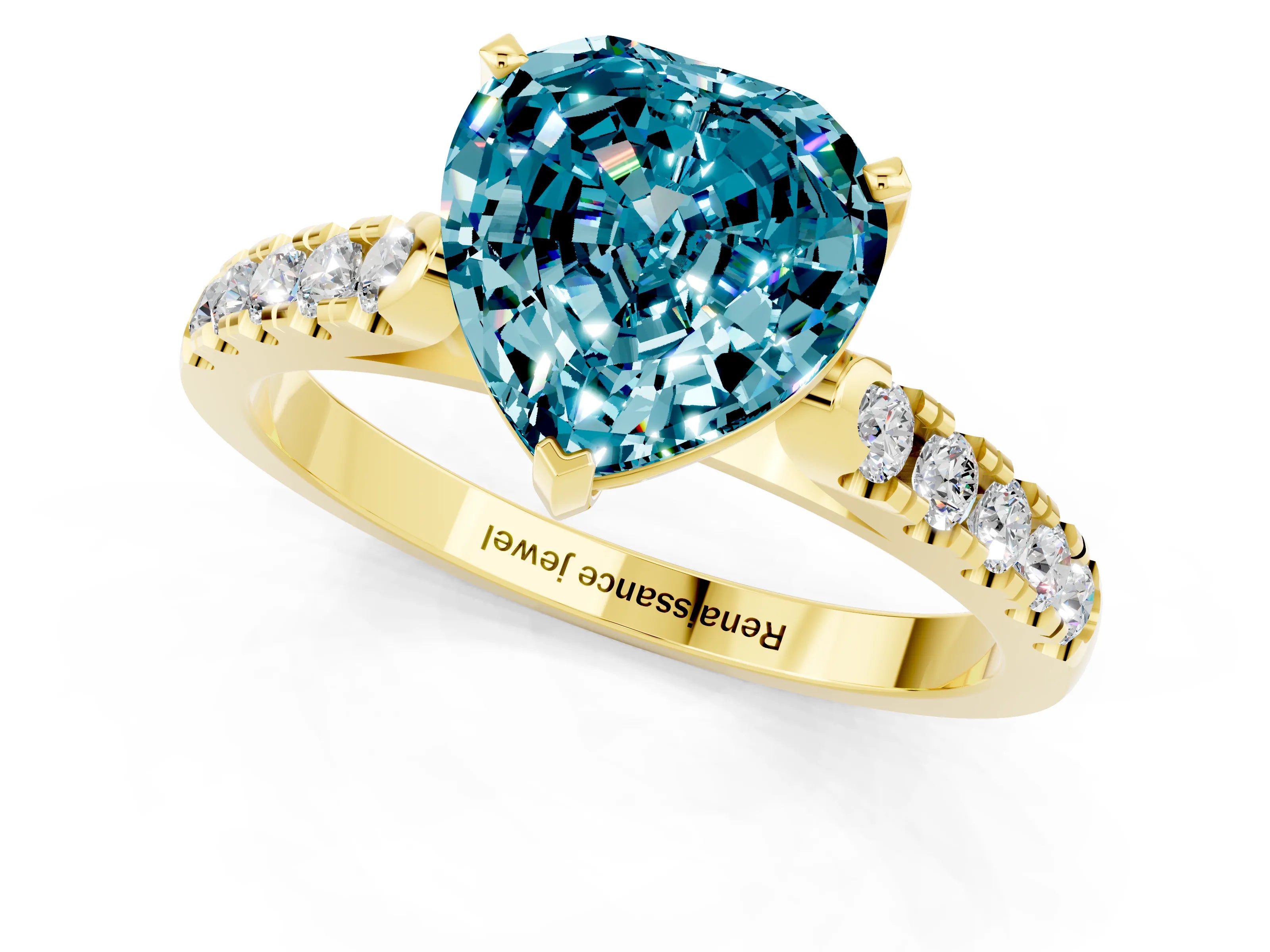 Yellow gold Heart Cut {stone} Solitaire Ring with Pavé Band and Four Prong Setting_1