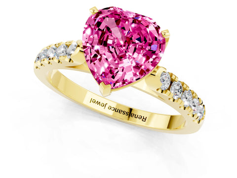 Yellow gold Heart Cut {stone} Solitaire Ring with Pavé Band and Four Prong Setting_1