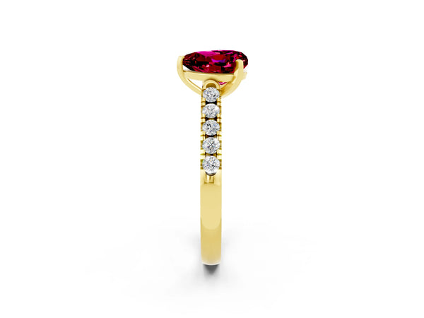 Yellow gold Heart Cut Garnet Pavé Band Solitaire Ring with Prong Setting