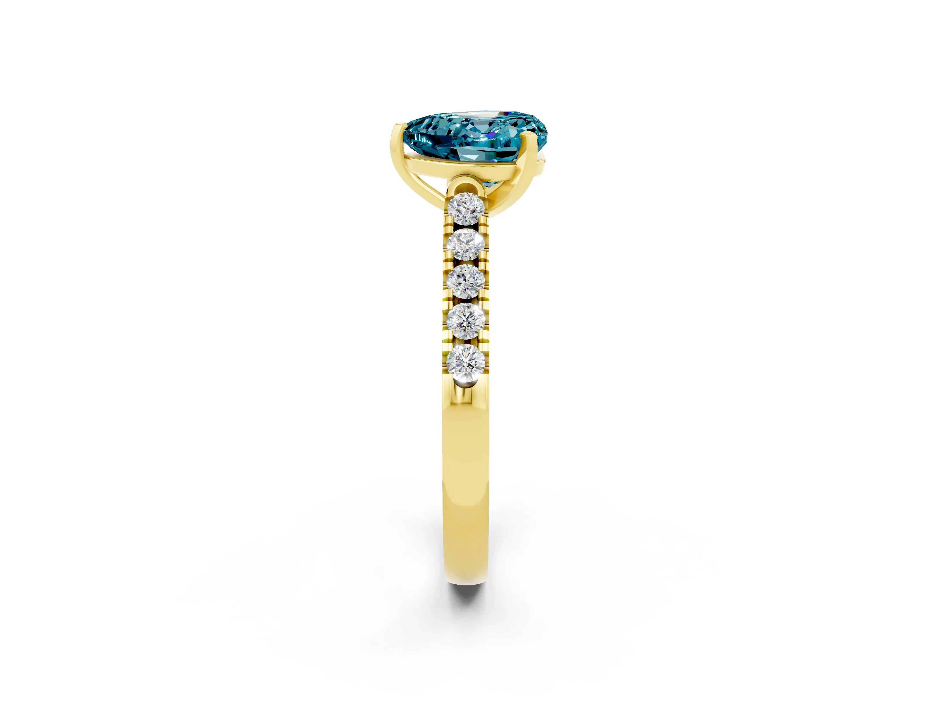 Yellow gold Heart Cut {stone} Solitaire Ring with Pavé Band and Four Prong Setting_2