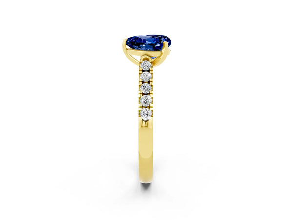 Yellow gold Heart Cut Blue Sapphire Pavé Band Solitaire Ring with Prong Setting