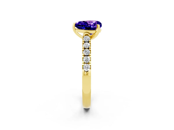 Yellow gold Heart Cut Tanzanite Pavé Band Solitaire Ring with Prong Setting