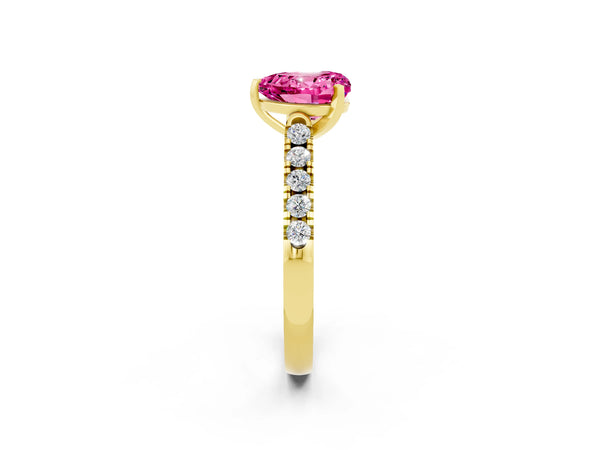 Yellow gold Heart Cut Pink Sapphire Pavé Band Solitaire Ring with Prong Setting