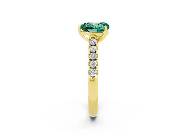 Yellow gold Heart Cut Green Sapphire Pavé Band Solitaire Ring with Prong Setting