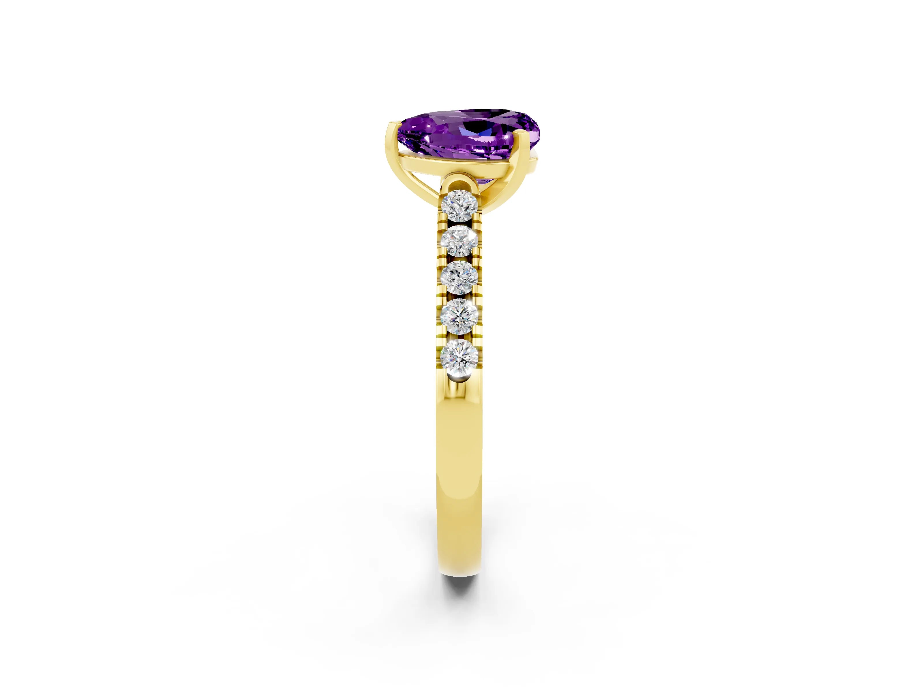 Yellow gold Heart Cut {stone} Solitaire Ring with Pavé Band and Four Prong Setting_2