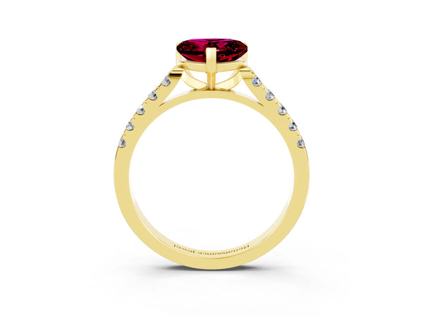 Yellow gold Heart Cut Garnet Pavé Band Solitaire Ring with Prong Setting