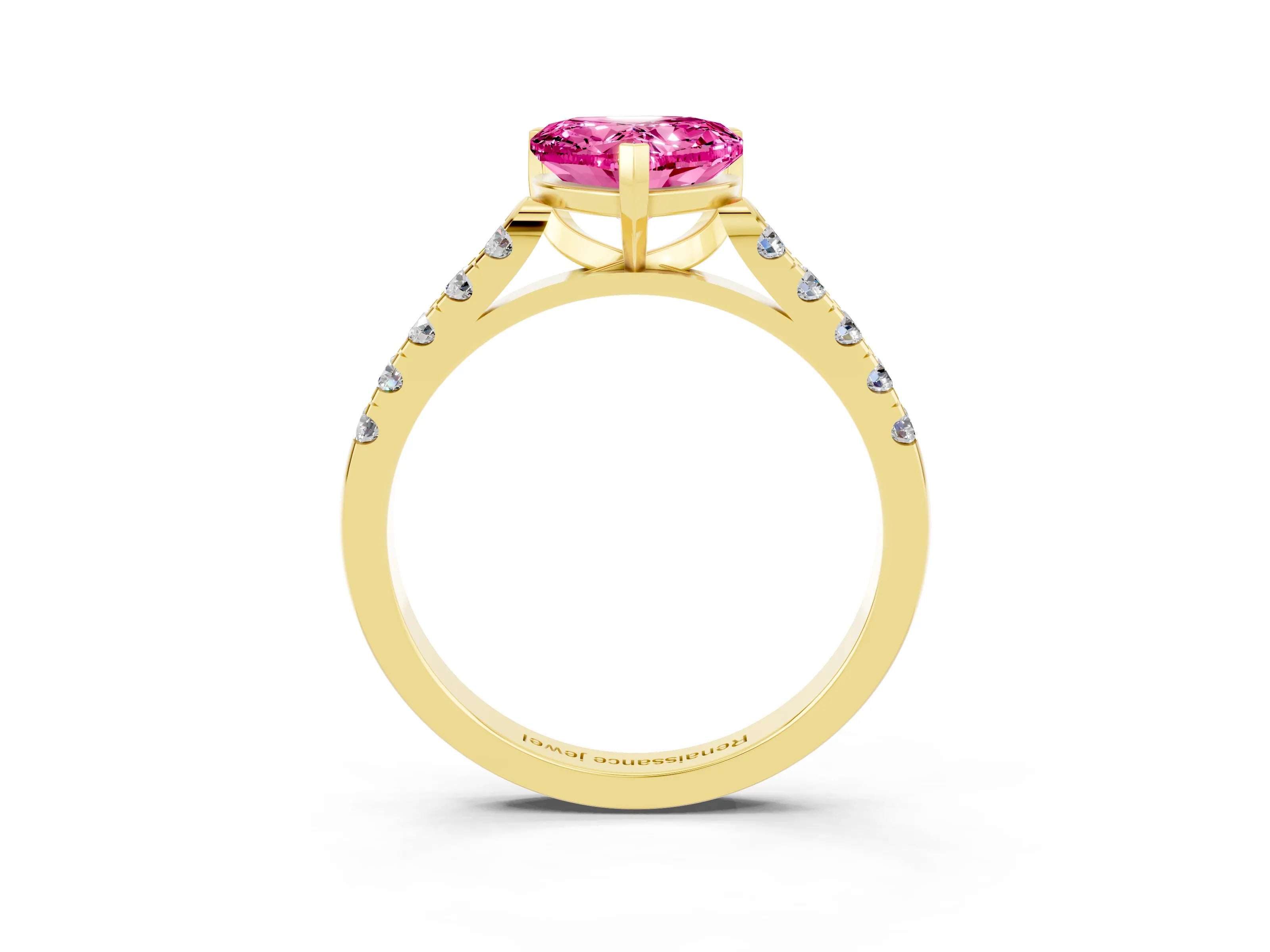 Yellow gold Heart Cut {stone} Solitaire Ring with Pavé Band and Four Prong Setting_3