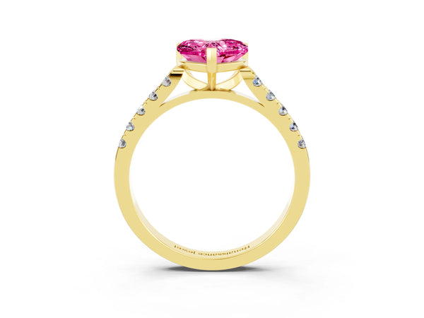 Yellow gold Heart Cut Pink Sapphire Pavé Band Solitaire Ring with Prong Setting