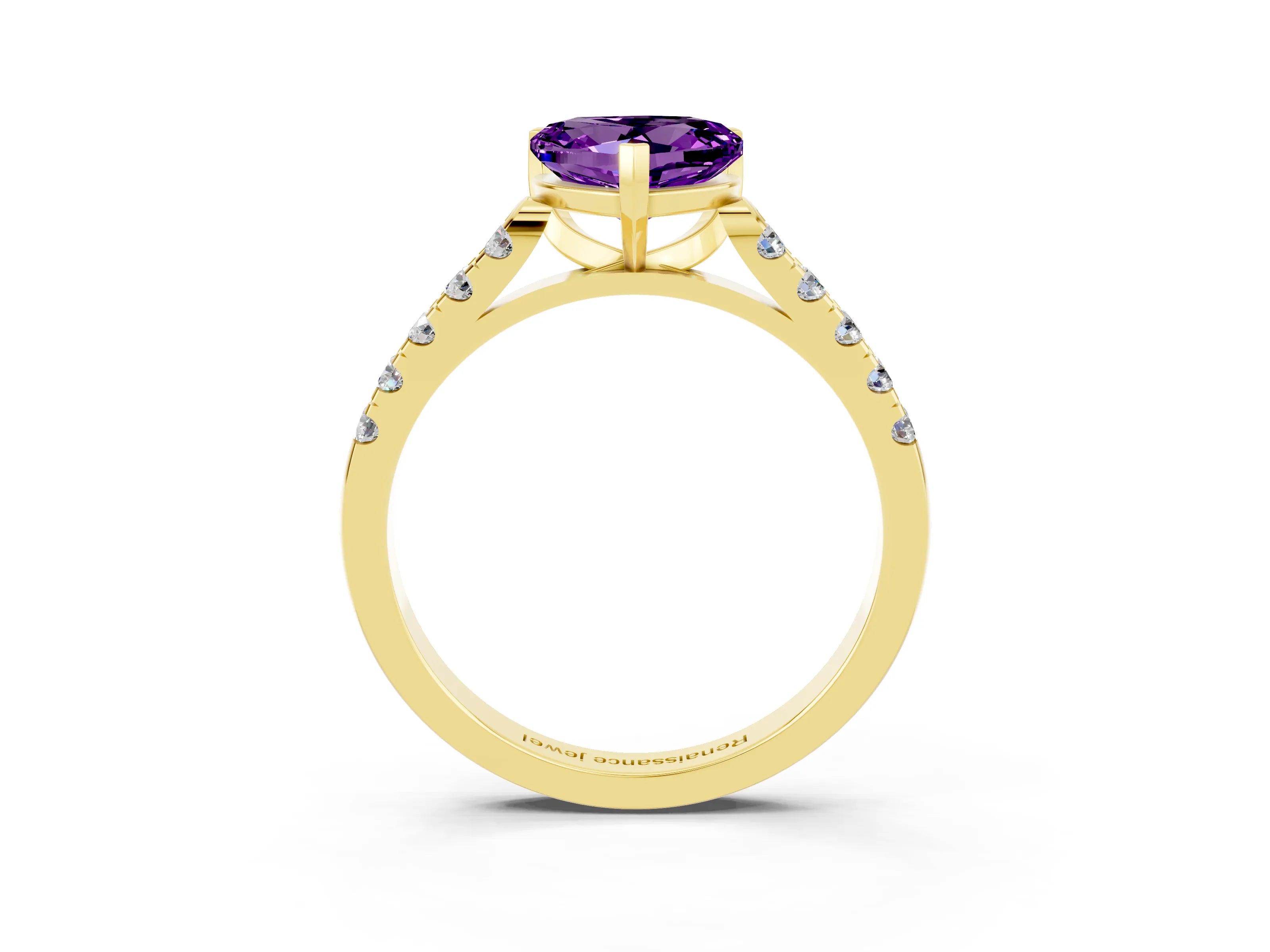 Yellow gold Heart Cut {stone} Solitaire Ring with Pavé Band and Four Prong Setting_3