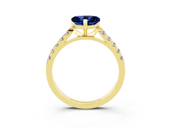 Yellow gold Heart Cut Blue Sapphire Pavé Band Solitaire Ring with Prong Setting
