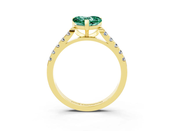Yellow gold Heart Cut Green Sapphire Pavé Band Solitaire Ring with Prong Setting
