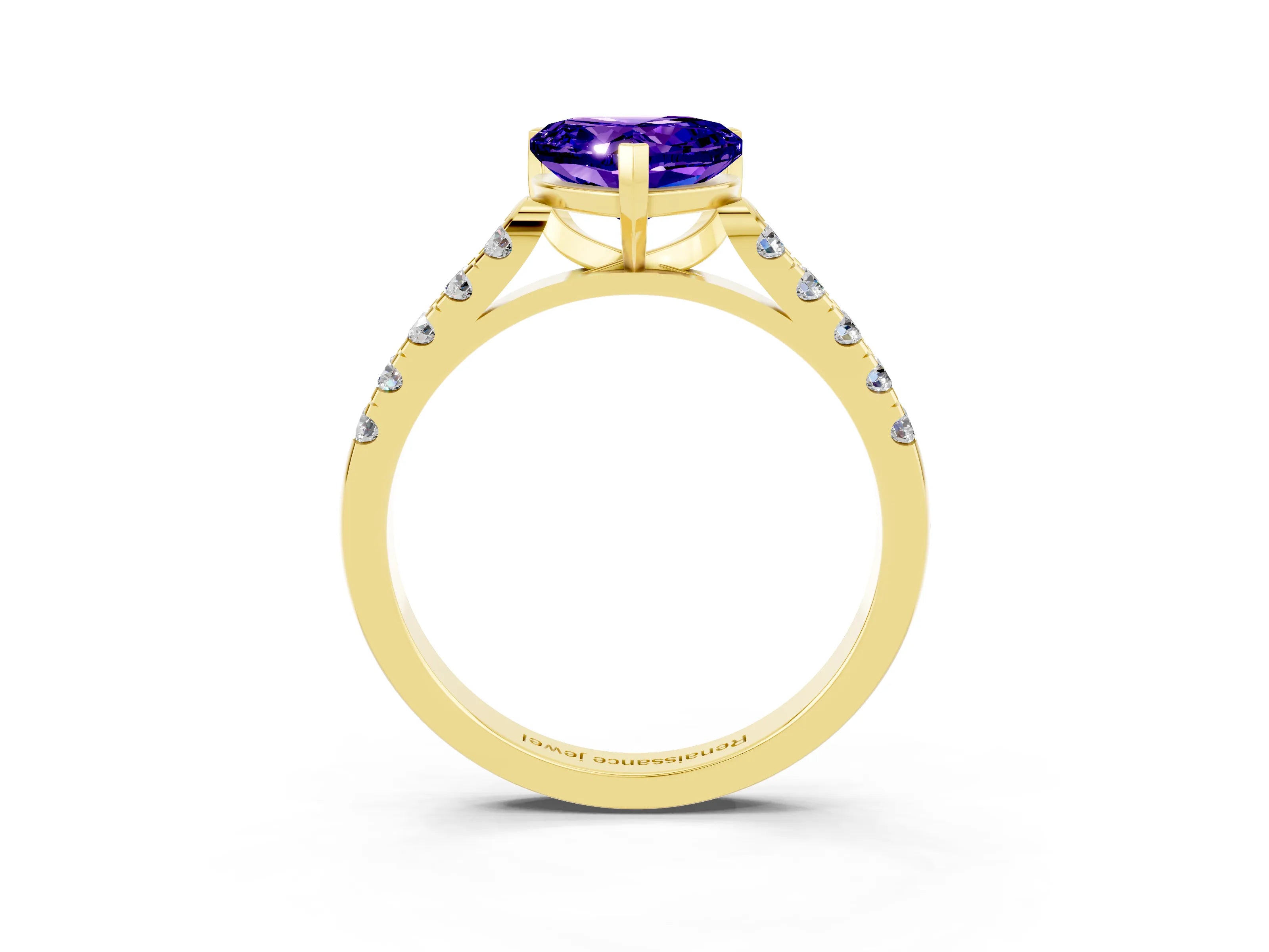 Yellow gold Heart Cut {stone} Solitaire Ring with Pavé Band and Four Prong Setting_3