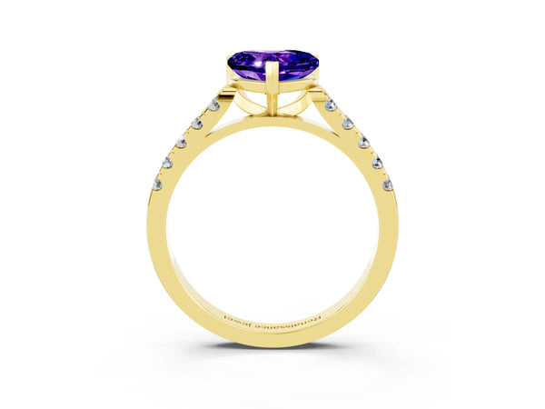 Yellow gold Heart Cut Tanzanite Pavé Band Solitaire Ring with Prong Setting