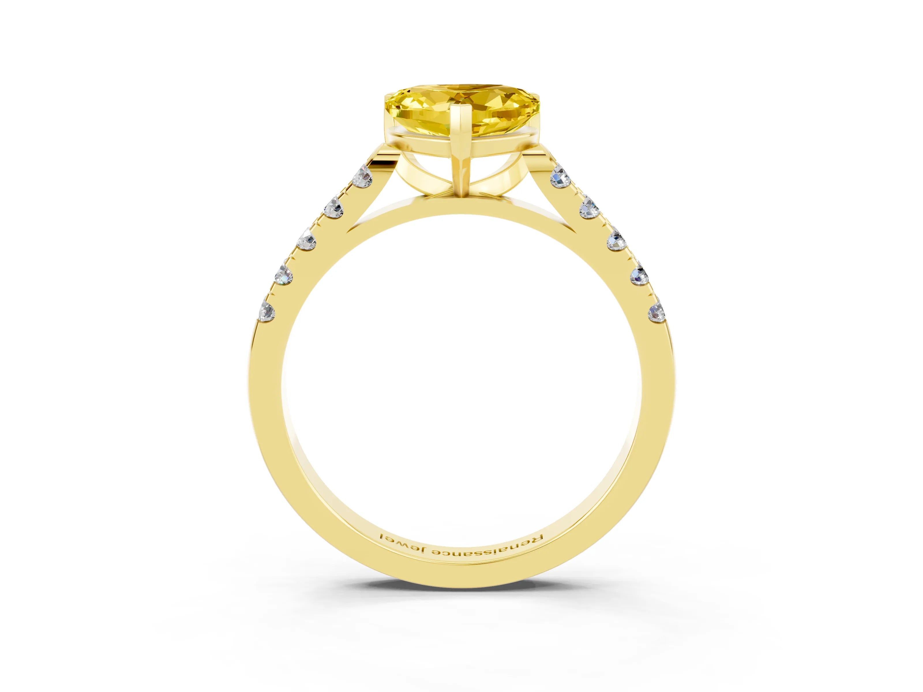 Yellow gold Heart Cut {stone} Solitaire Ring with Pavé Band and Four Prong Setting_3
