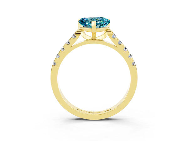 Yellow gold Heart Cut Blue Topaz Pavé Band Solitaire Ring with Prong Setting