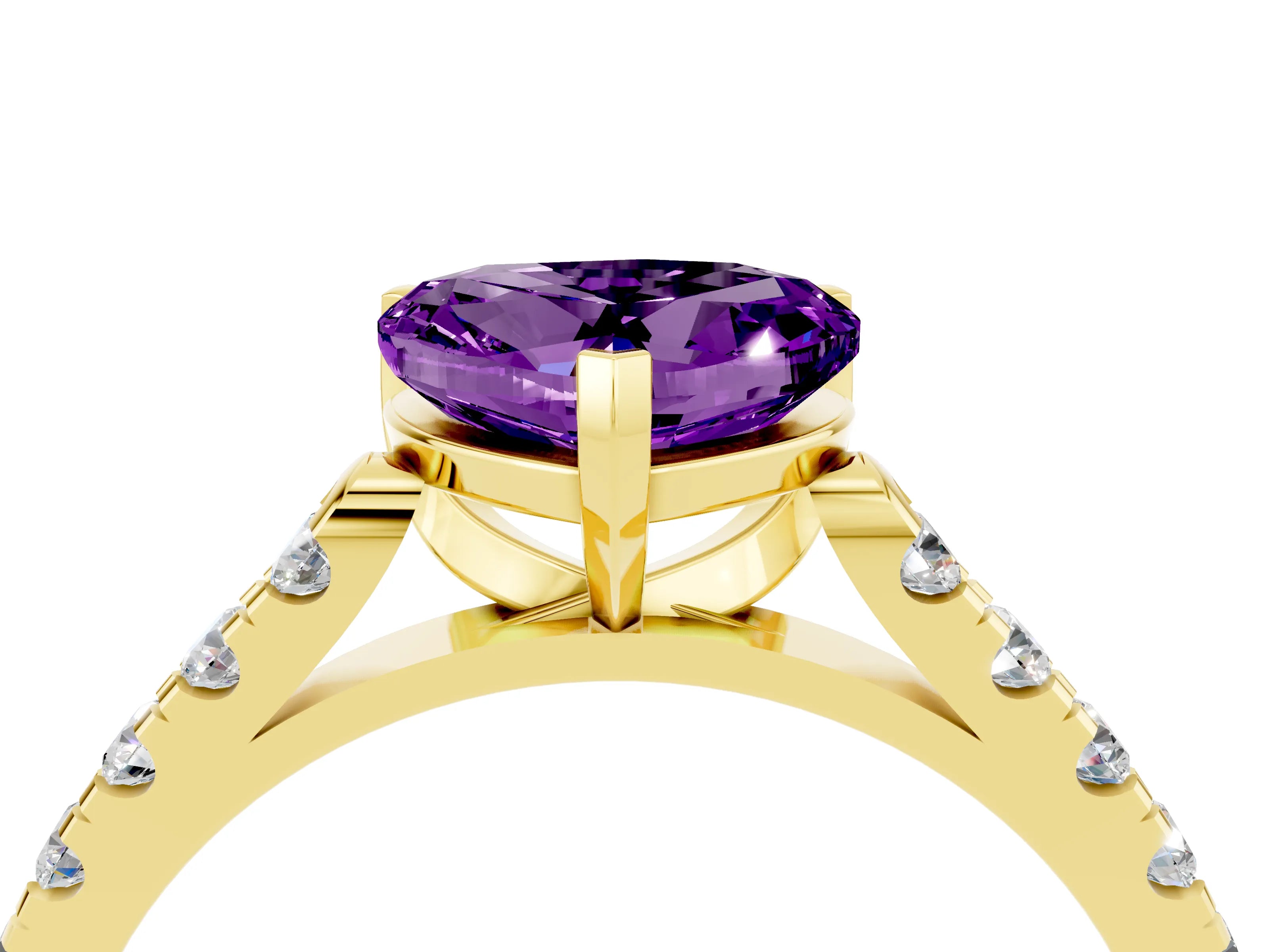 Yellow gold Heart Cut {stone} Solitaire Ring with Pavé Band and Four Prong Setting_4