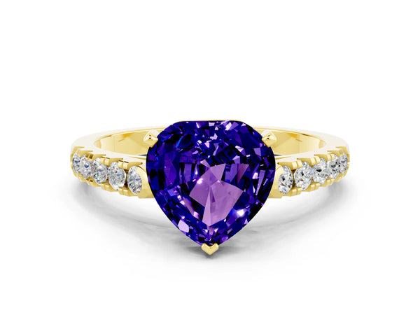 Yellow gold Heart Cut Tanzanite Pavé Band Solitaire Ring with Prong Setting